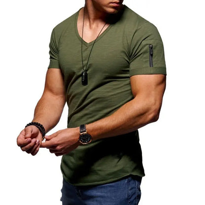 💪👔Tricou bărbătesc cu mânecă scurtă, în culoare uni, mulat și decolteu în V