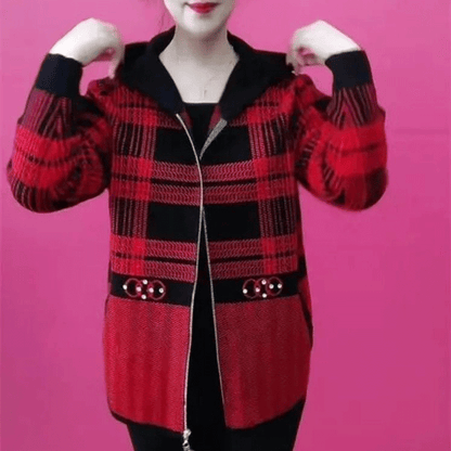 【30% OFF】🔥[M-4XL]🧥Nowa jesienno-zimowa kurtka z kapturem, gruba welurowa kratka