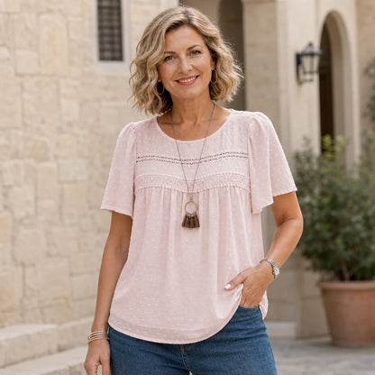 ✨Tricou din bumbac și in cu dantelă și inserții jacquard, stil franțuzesc.
