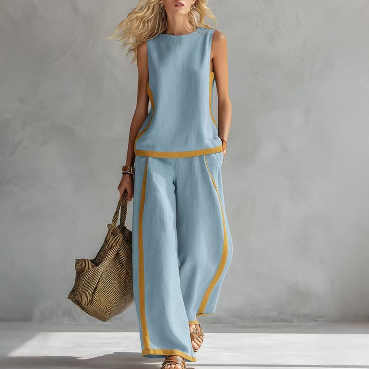 🔥😍【Top + Pantaloni】Set nou și modern din două piese pentru femei: top fără mâneci cu detalii contrastante și pantaloni cu croi larg