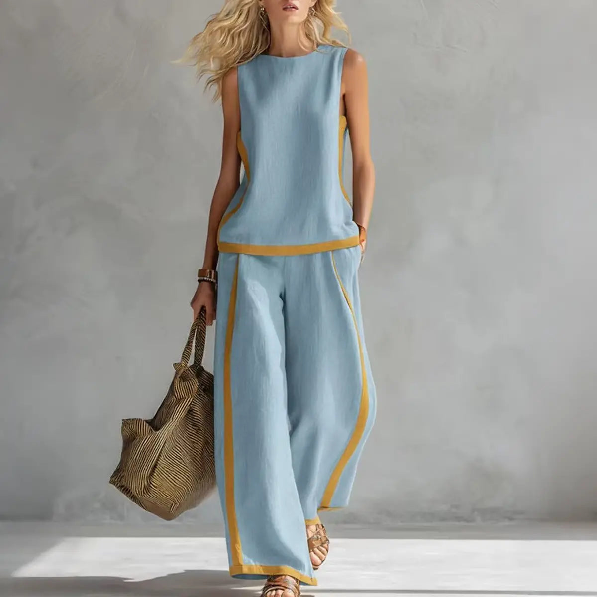🔥😍【Top + Pantaloni】Set nou și modern din două piese pentru femei: top fără mâneci cu detalii contrastante și pantaloni cu croi larg
