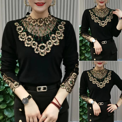 【XL-6XL】Noul top cald cu mâneci lungi, din catifea de înaltă calitate, cu guler din dantelă, pentru toamnă și iarnă