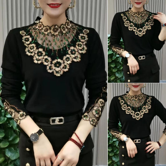 【XL-6XL】Noul top cald cu mâneci lungi, din catifea de înaltă calitate, cu guler din dantelă, pentru toamnă și iarnă