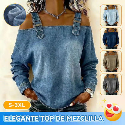 👘🔥Cămașă de damă din denim, cu umerii descheiați și mâneci lungi.