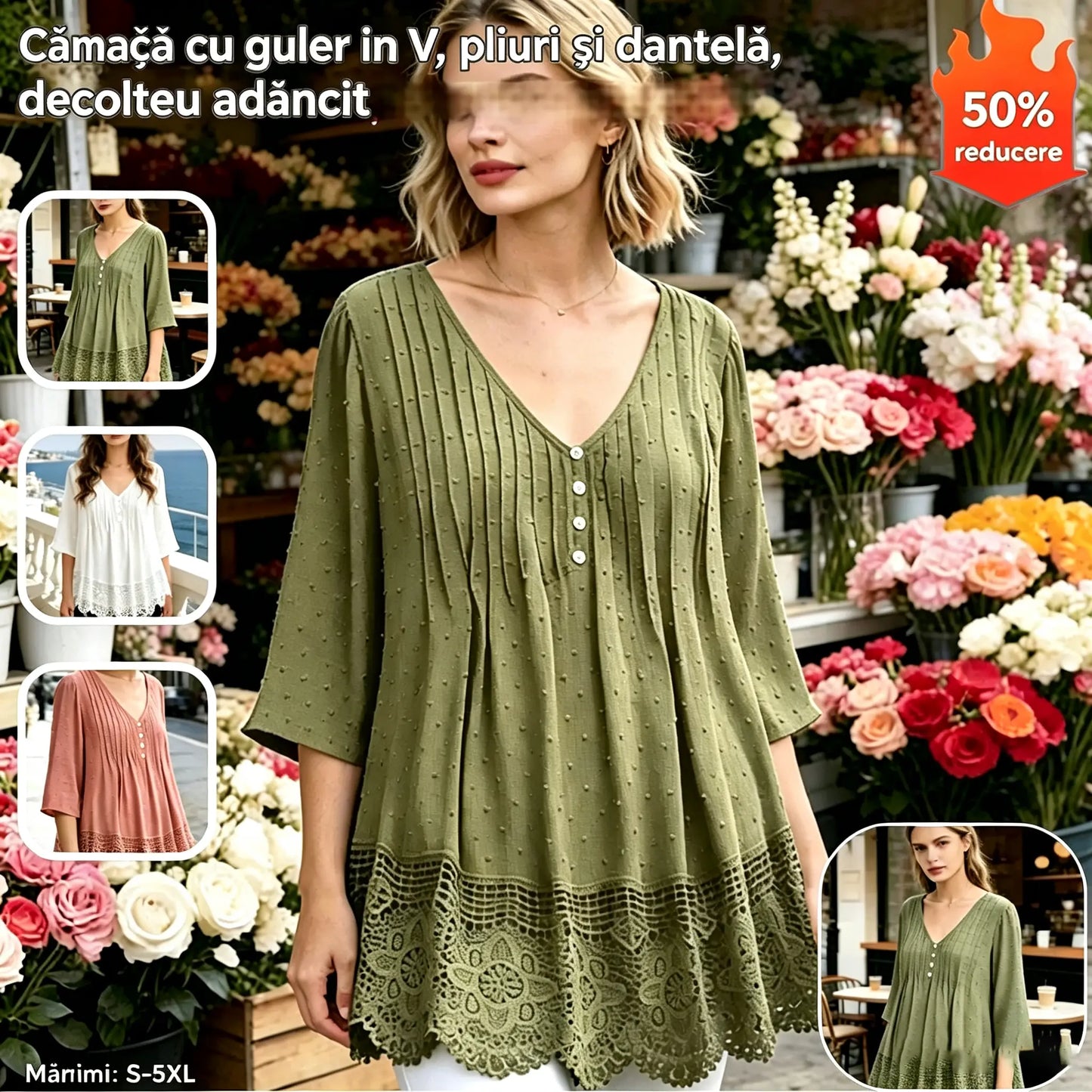 Bluză din șifon jacquard cu model de dantelă, decolteu în V și design cu umerii goi.