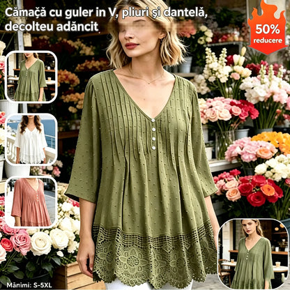 Bluză din șifon jacquard cu model de dantelă, decolteu în V și design cu umerii goi.