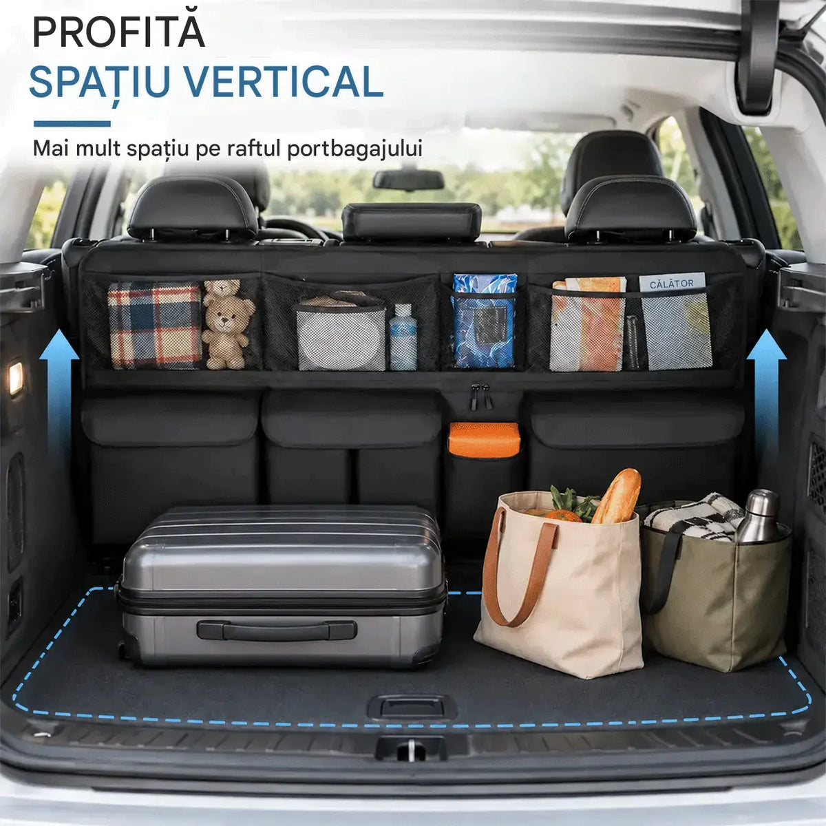 🚗📦 Organizator suspendat pentru portbagaj – dimensiuni 105 × 51 cm, eliberează spațiul de pe podeaua portbagajului, compatibil cu SUV-uri și mașini de familie, disponibil în negru și gri