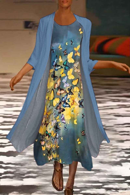 🌻 Reducere -50%🔥【40-120 kg】Rochie nouă pentru femei cu imprimeu floral, rochie din două piese și decolteu rotund
