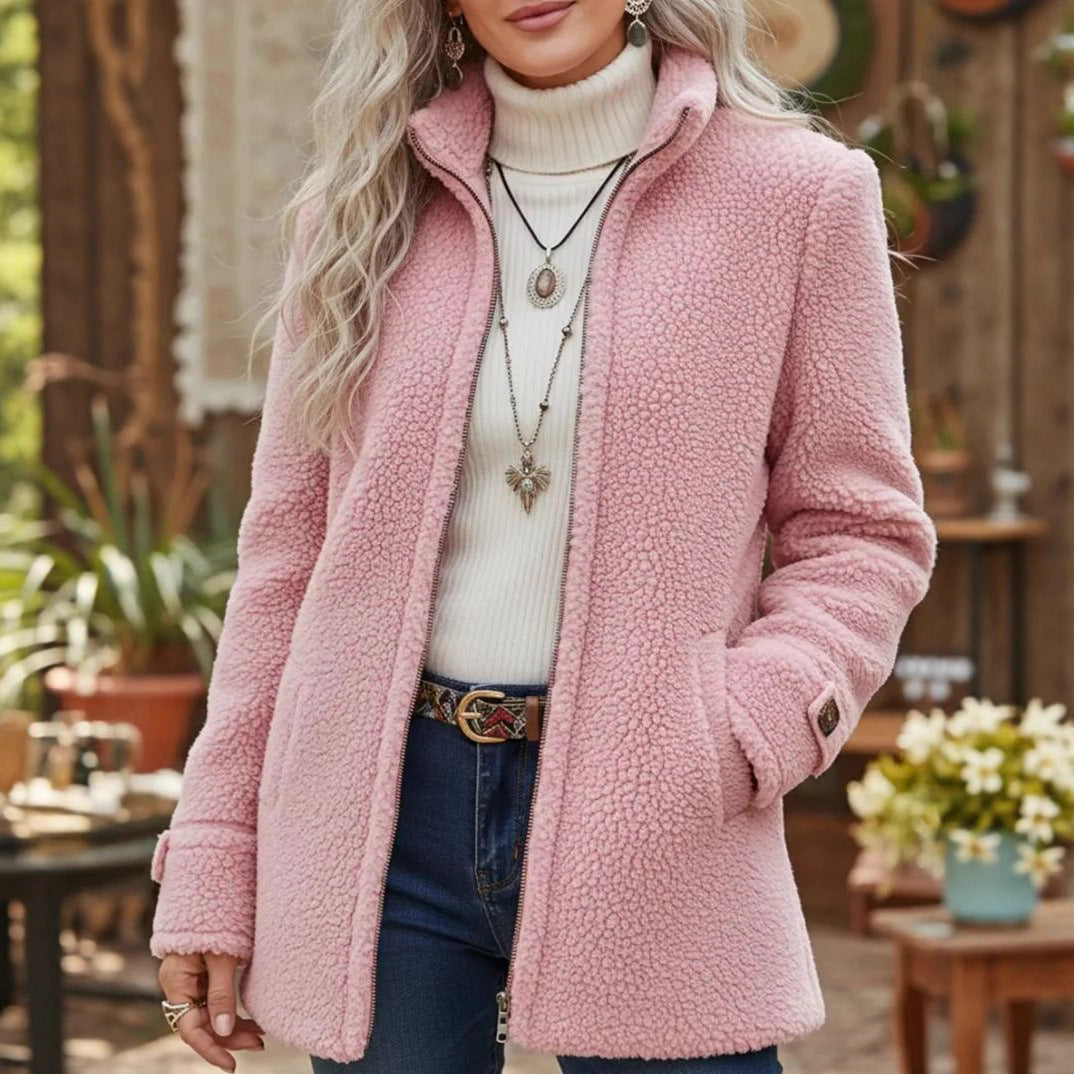 Palton lejer de damă din lână, cu fermoar și căptușeală din fleece, mărimi S–3XL