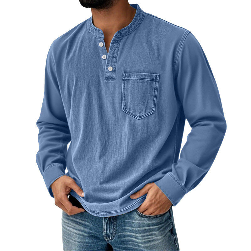 Cămașă din denim pentru bărbați, cu mâneci lungi, decolteu în V și buzunar