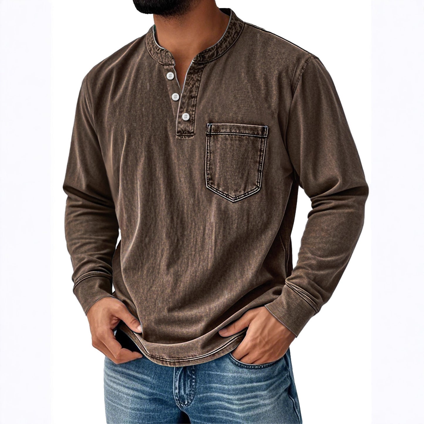 👔🔥Cămașă bărbătească din denim cu mâneci lungi și decolteu în V, cu buzunar