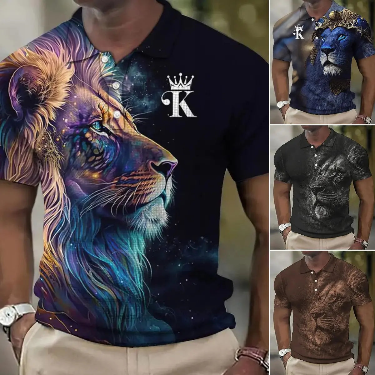 🦁【S-6XL】Tricou polo nou pentru bărbați, cu imprimeu leu 3D, pentru vara anului 2026.