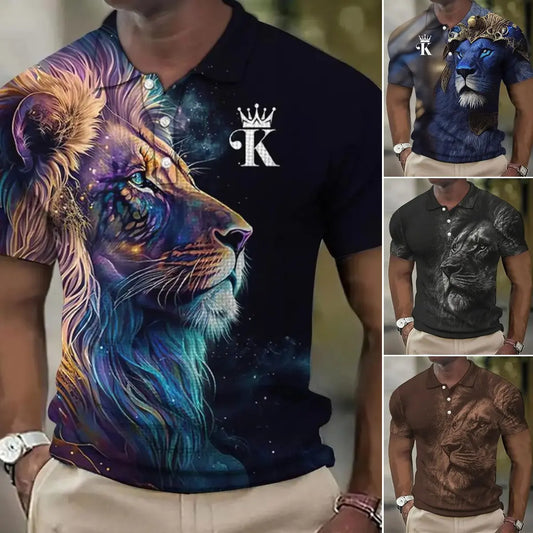 🦁【S-6XL】Tricou polo nou pentru bărbați, cu imprimeu leu 3D, pentru vara anului 2026.