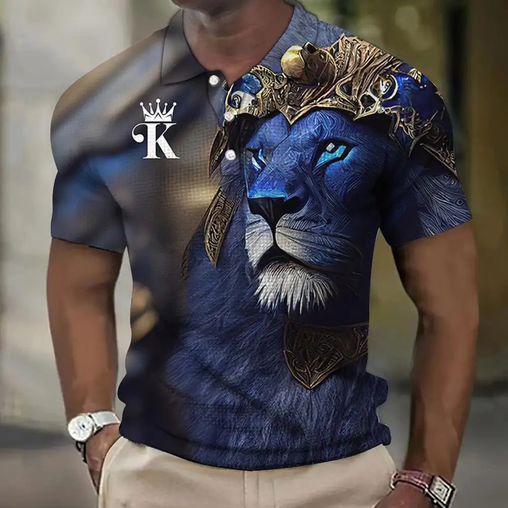 🦁【S-6XL】Tricou polo nou pentru bărbați, cu imprimeu leu 3D, pentru vara anului 2026.