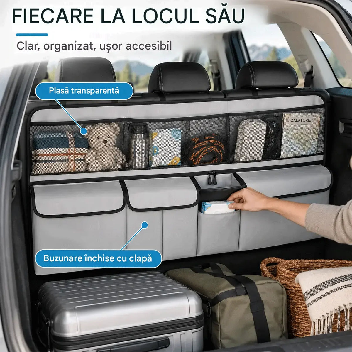 🚗📦 Organizator suspendat pentru portbagaj – dimensiuni 105 × 51 cm, eliberează spațiul de pe podeaua portbagajului, compatibil cu SUV-uri și mașini de familie, disponibil în negru și gri