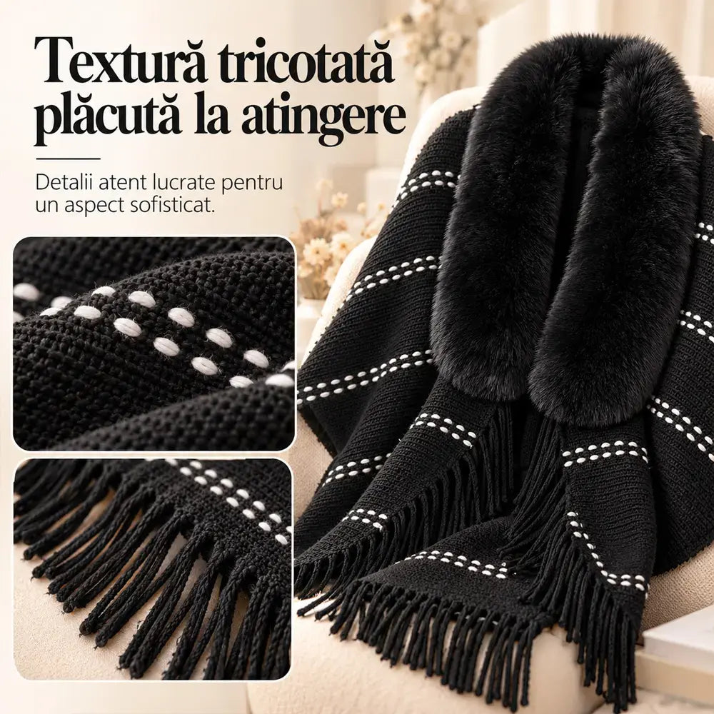 ✨ Șal Tricotat de Iarnă cu Guler Pufos și Franjuri Elegante · Poncho Cardigan Relaxat și Călduros pentru Femei!