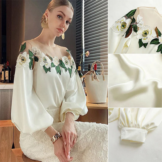 Celebrity styl haftowany ścieg satynowy bluzka kobiety 2025