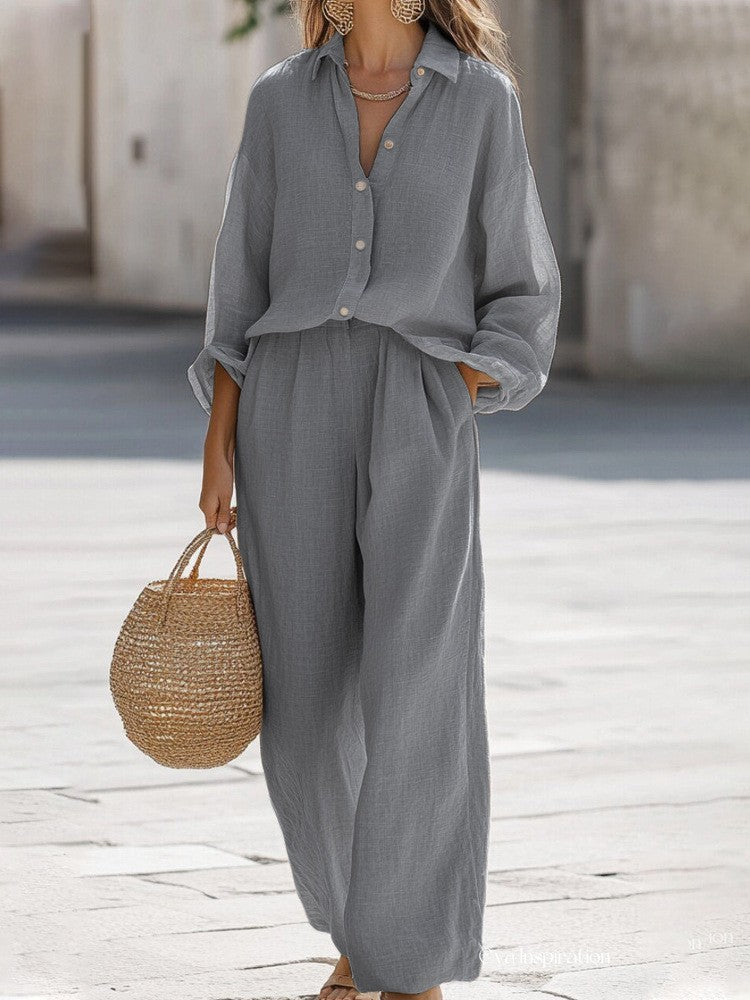 ✨【Bluză + Pantaloni】Set de zi cu zi pentru femei, cu mânecă lungă, din bumbac și in, și pantaloni