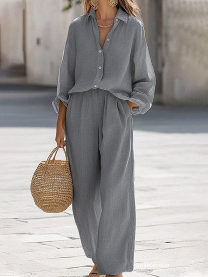 ✨【Bluză + Pantaloni】Set de zi cu zi pentru femei, cu mânecă lungă, din bumbac și in, și pantaloni