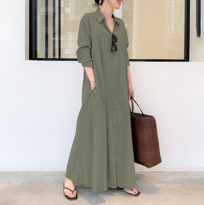 💖 Rochie-cămașă din bumbac și in, cu guler și mâneci lungi cu buzunare, stil simplu, lejer și casual.