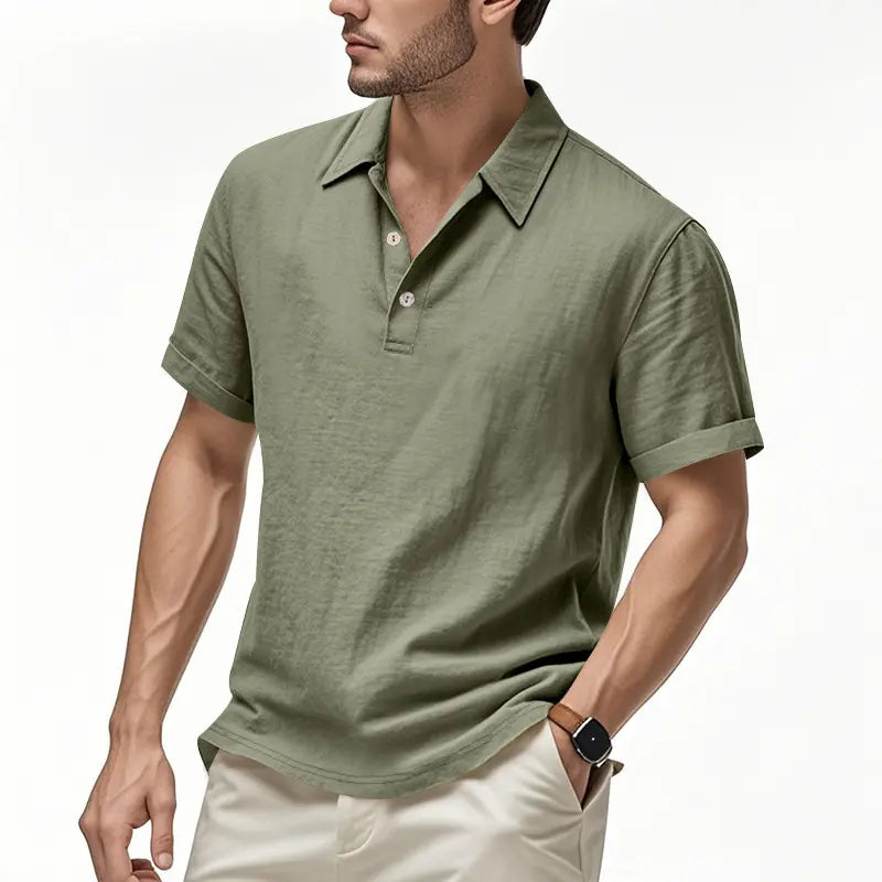 🌿👔 Tricou polo casual bărbătesc din in, lejer, cu guler și mâneci scurte