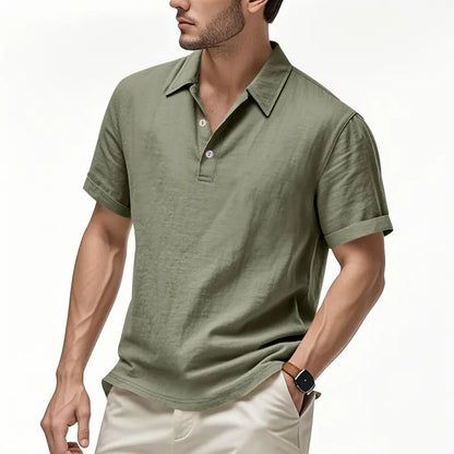 🌿👔 Tricou polo casual bărbătesc din in, lejer, cu guler și mâneci scurte