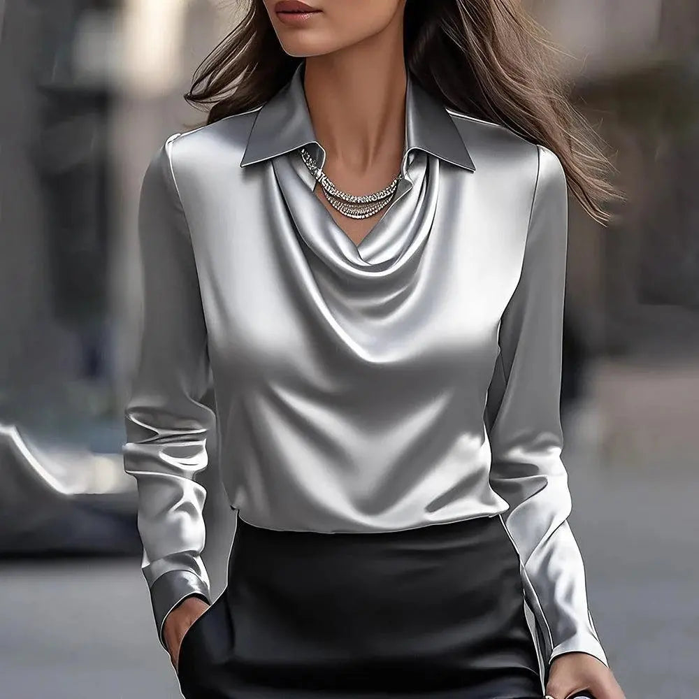 🔥✨Bluză elegantă de mătase pentru femei, cu guler înalt, mâneci lungi, respirabilă și confortabilă.