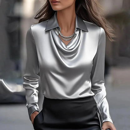 🔥✨Bluză elegantă de mătase pentru femei, cu guler înalt, mâneci lungi, respirabilă și confortabilă.