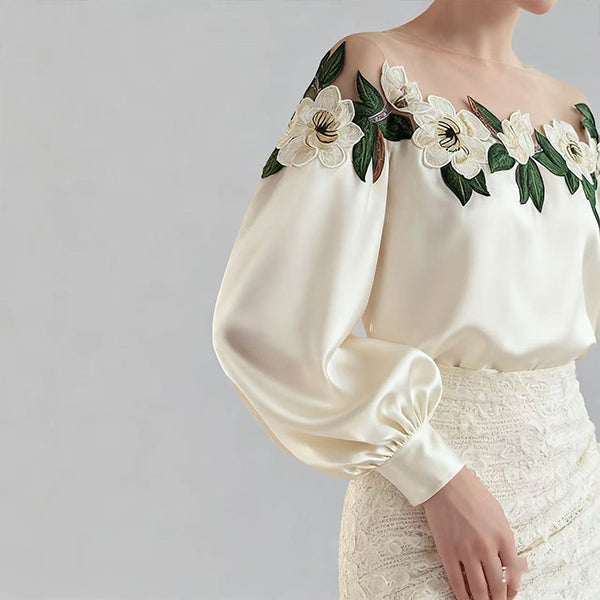 Celebrity styl haftowany ścieg satynowy bluzka kobiety 2025