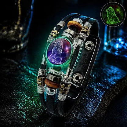 🌙 Brățară din piele luminoasă, cu simbol zodiacal – design împletit în 3 straturi, lungime reglabilă, unisex 💫✨