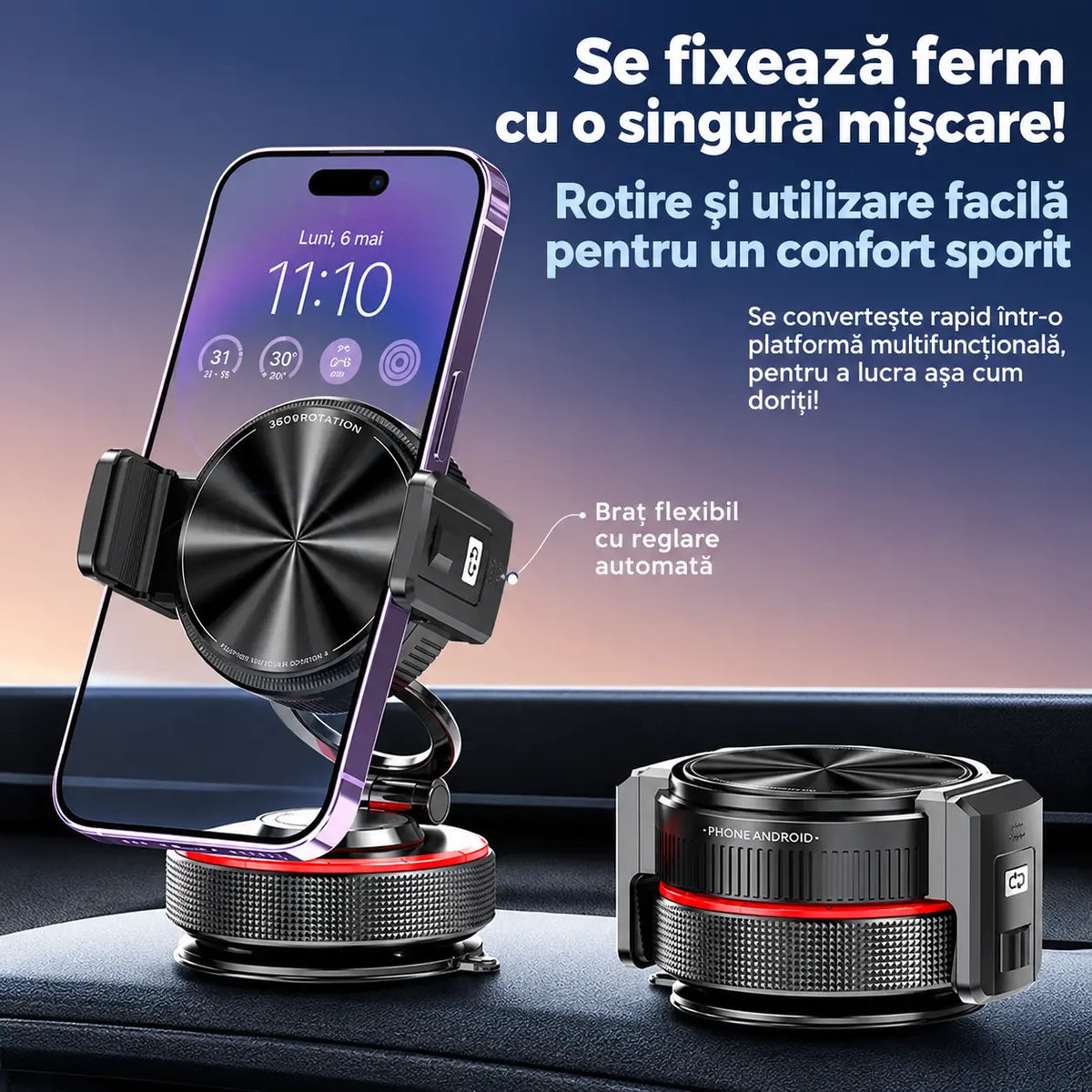 📱 Reducere de 50%! Suport auto pentru telefon cu ventuză, forță magnetică de 20 N, braț telescopic și rotație la 360°. Stabil și pliabil! ✨🚗