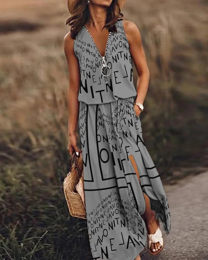 🎁 Reducere 50%💥【40-120kg】Rochie nouă, lungă, casual, fără mâneci, cu imprimeu, croială slim, design cu fermoar ✅️Ramburs la livrare