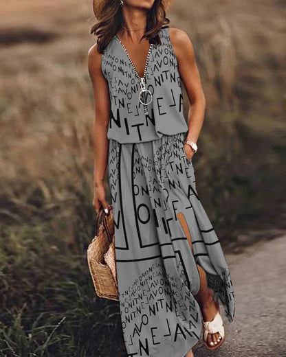 🎁 Reducere 50%💥【40-120kg】Rochie nouă, lungă, casual, fără mâneci, cu imprimeu, croială slim, design cu fermoar ✅️Ramburs la livrare