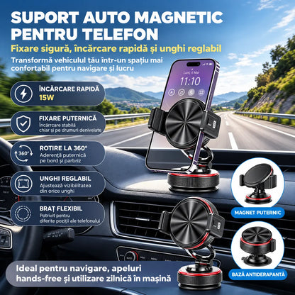 📱 Reducere de 50%! Suport auto pentru telefon cu ventuză, forță magnetică de 20 N, braț telescopic și rotație la 360°. Stabil și pliabil! ✨🚗