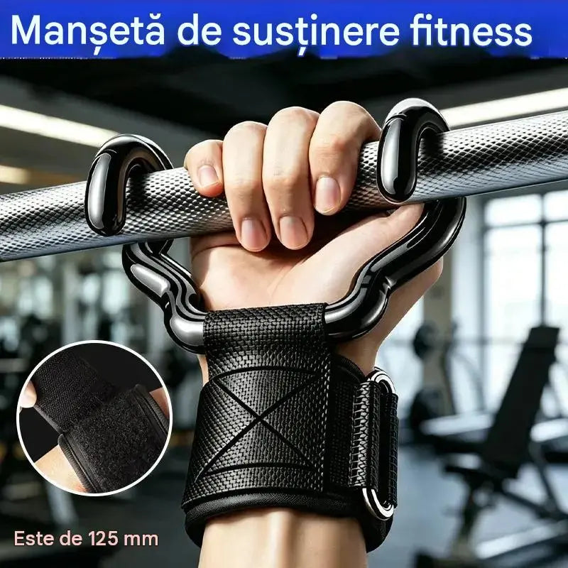 Set de 2 cârlige de fitness pentru culturism și haltere, suport lățit de 125 mm, curele antiderapante pentru încheieturi, capacitate de încărcare 250 kg pentru tracțiuni și ridicări de forță