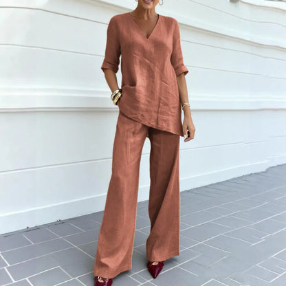 ❤️50% Reducere💥【40-100 kg】Set 2026: Top uni din bumbac și in, mânecă scurtă și decolteu în V + pantaloni casual drepți ✅️Ramburs la livrare