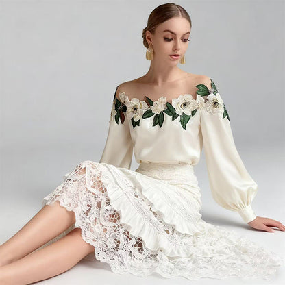 Celebrity styl haftowany ścieg satynowy bluzka kobiety 2025