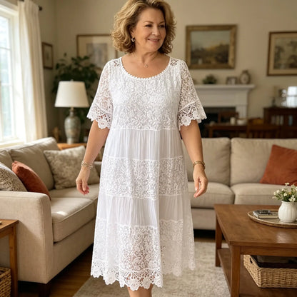 🔥✨【S-8XL】Rochie nouă cu mânecă scurtă, decolteu rotund și dantelă.