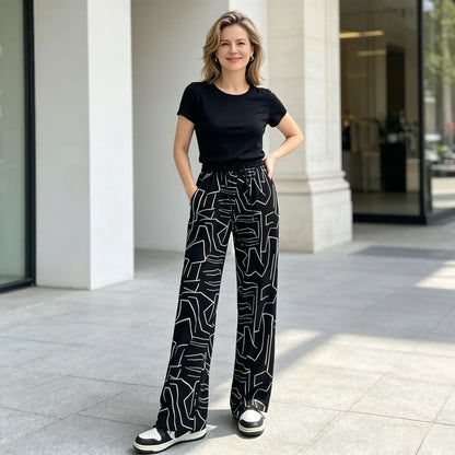 👖Pantaloni de damă din mătase glacială cu talie înaltă - croială largă, mărimi mari 40-100 kg - pantaloni respirabili cu picior larg pentru vară