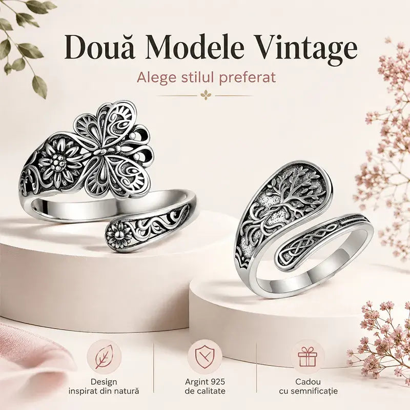 Inel Reglabil din Argint Vintage – În Stil Boho/Retro cu Motive de Fluture, Flori și Copacul Vieții (Inel Deschis, Ajustabil) 🦋🌸🌳