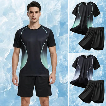 🆒✨ Set sport de vară pentru bărbați, confecționat din țesătură de mătase glacială de înaltă calitate, potrivit pentru alergare, țesătură de plasă cu uscare rapidă.