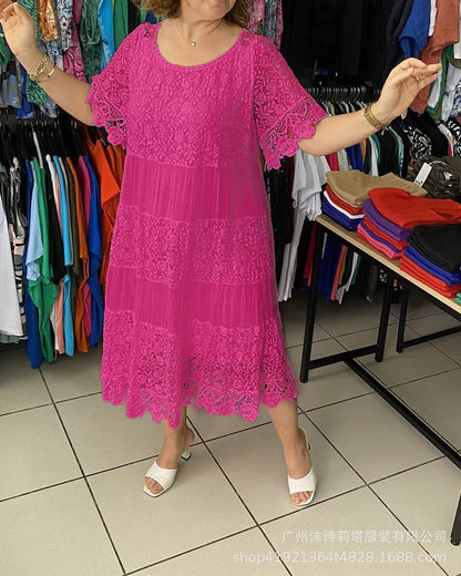 🔥【Reducere -50%!】✨✨【S-5XL】Rochie nouă tip tricou cu mânecă scurtă și gât rotund din dantelă