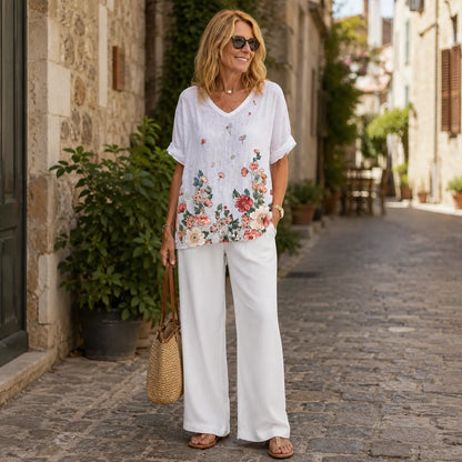【S-5XL】🌈Tricou cu mâneci scurte cu imprimeu floral din in bumbac💐
