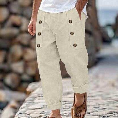 👖【40-100kg】Pantaloni lungi casual hawaieni pentru bărbați, cu mulți nasturi, confecționați din bumbac și in