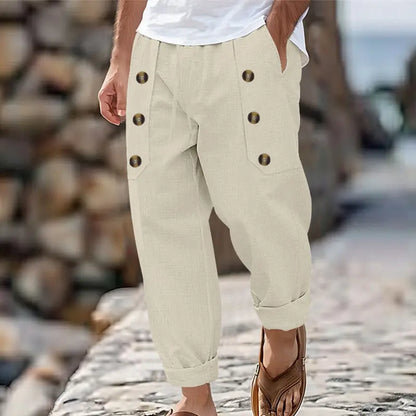 👖【40-100kg】Pantaloni lungi casual hawaieni pentru bărbați, cu mulți nasturi, confecționați din bumbac și in