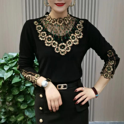 【XL-6XL】Noul top cald cu mâneci lungi, din catifea de înaltă calitate, cu guler din dantelă, pentru toamnă și iarnă