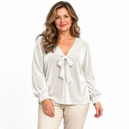 ✨ Nou stil pentru toamnă-iarnă – Top elegant din catifea, cu decolteu în V și detaliu cu legătură