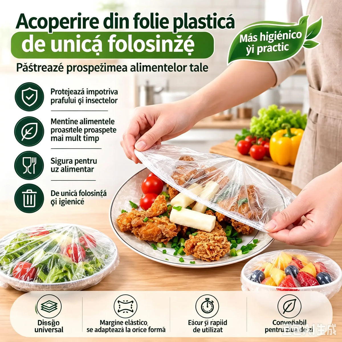 【1 pachet cu 300 de foi】🛡️ Folie alimentară cu acțiune antibacteriană – Protejează alimentele, ideală pentru bucătărie și frigider 🧴