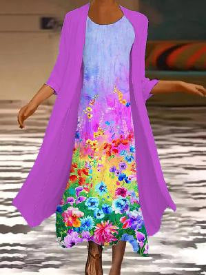 🌻 Reducere -50%🔥【40-120 kg】Rochie nouă pentru femei cu imprimeu floral, rochie din două piese și decolteu rotund