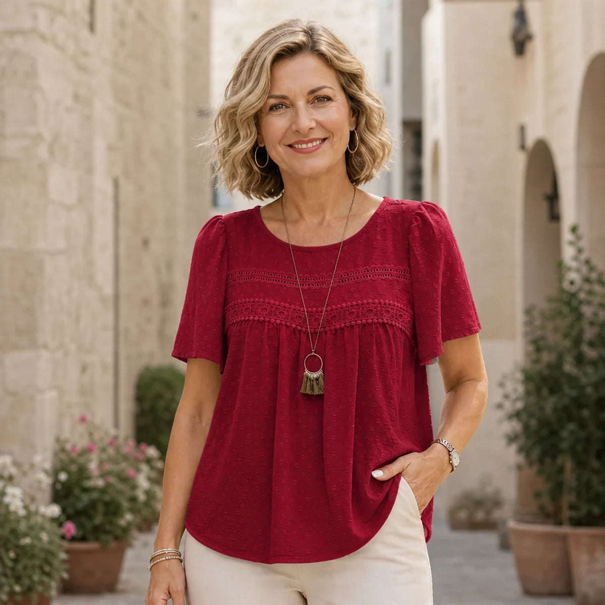 ✨Tricou din bumbac și in cu dantelă și inserții jacquard, stil franțuzesc.